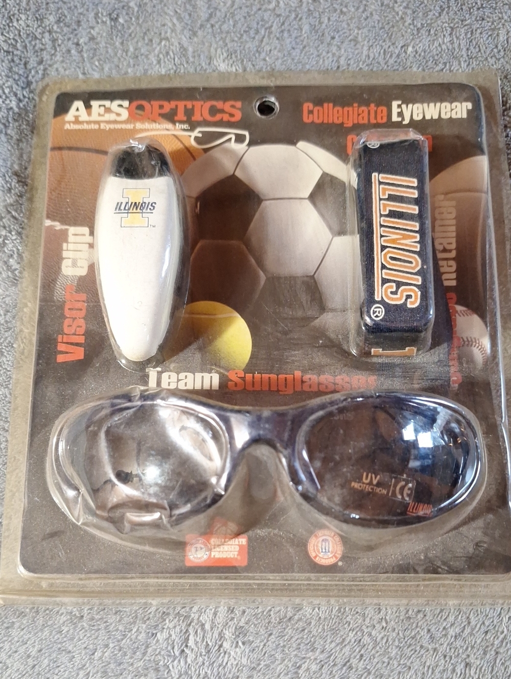 New Old Stock Collegiate Team Illinois Sunglasses, Visor Clip, Neoprene Retainer